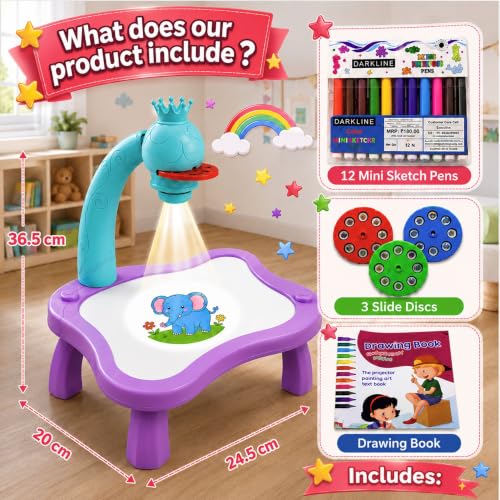 Image of GRAPHENE Purple Creative Drawing Projector Table Toy Set for Kids 24 Patterns Led Magic Doodle Board Trace Draw 12 Colorful Smart Sketch Pen Artbook Educational Fun Painting Desk Boy Girl 3+ Years