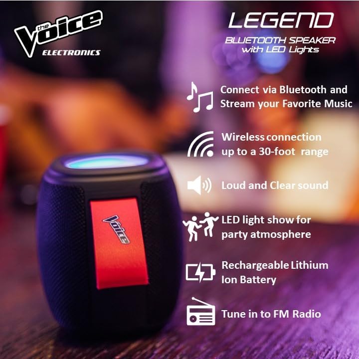 The Voice Legend speaker features including Bluetooth, 30ft range, loud sound, LED lights, rechargeable battery, and FM radio.