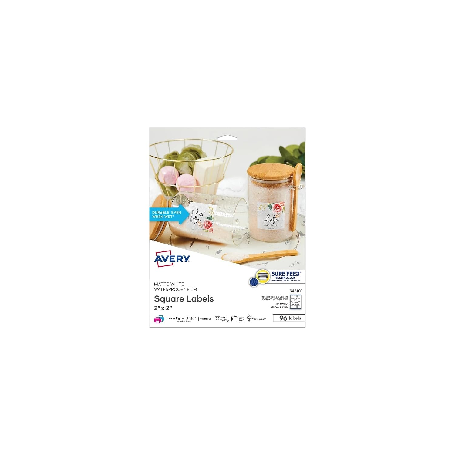 Avery® Durable Oil-Resistant Waterproof Print-to-the-Edge Labels With Sure Feed® Technology, 64510, 2" x 2", White, Square, Pack Of 96 Labels