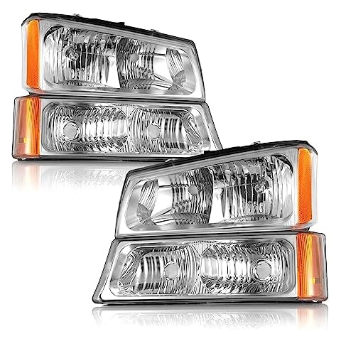 WEELMOTO Headlights for 03-07 Chevy Silverado1500/2500/3500/1500HD/2500HD,03-06 Avalanche 1500/2500 Pickup, Chrome Housing amber Reflector Left+Right Cover
