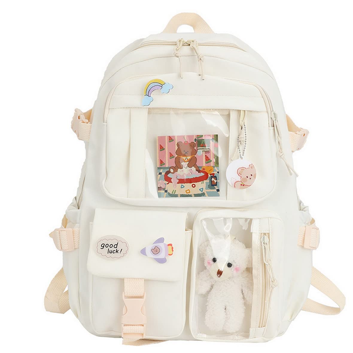 AOOPOO Kawaii Backpack With Kawaii Pin And Accessories, Large Capacity Cute Bear Accessories Backpack For School Multi Pocket Kawaii Handbag School Bag For Teen Girls 40 * 30 * 11cm (White)