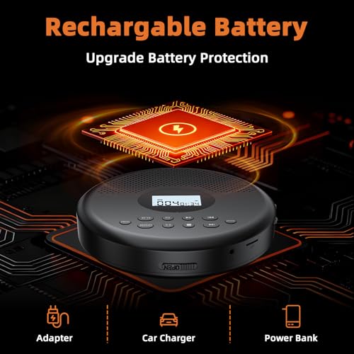 Image of Arafuna Portable CD Player with Bluetooth, Rechargeable CD Player for Car /Home with Headphones, Anti-Skip, LCD Display, AUX /TF Card Port (Black)