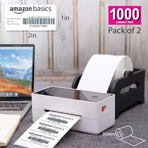 Image of Amazon Basics 70gsm Thermal Label Printer Paper - 2 inch x 1 inch (50 x 25 mm)| Ideal for Barcode, Product, Inventory, Price, and Transparency Labels - 1000 Labels per Roll (Pack of 2)