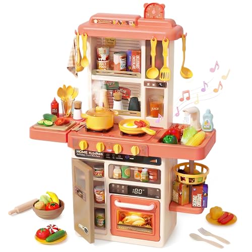 Kids Kitchen Play Set，Interactive Kids Kitchen Play Set with 50Pcs of Pretend Kitchen Toys，Realistic Sound Effects，and Simulated Functionality - Suitable for Toddlers Aged 3-5 Years(Pink)