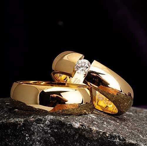 Juego de anillos de boda de 6 mm, chapado en oro de 14 quilates, juego de alianzas de boda a juego, juego de anillos de boda de plata personalizado para hombre y mujer