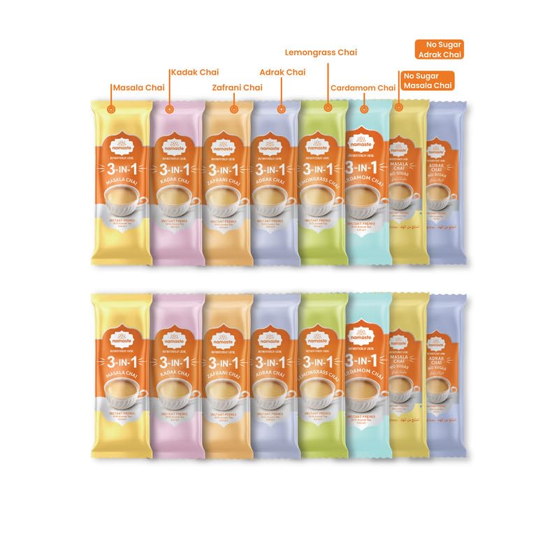 Namaste Chai 3 in 1 Assorted Tea Premix with Sugar and No Sugar - 16 Sachets | Readymade Chai Mix Instant Sachets | Kadak, Adrak, Lemongrass, Zafrani, Cardamom, Masala Instant Flavoured Tea