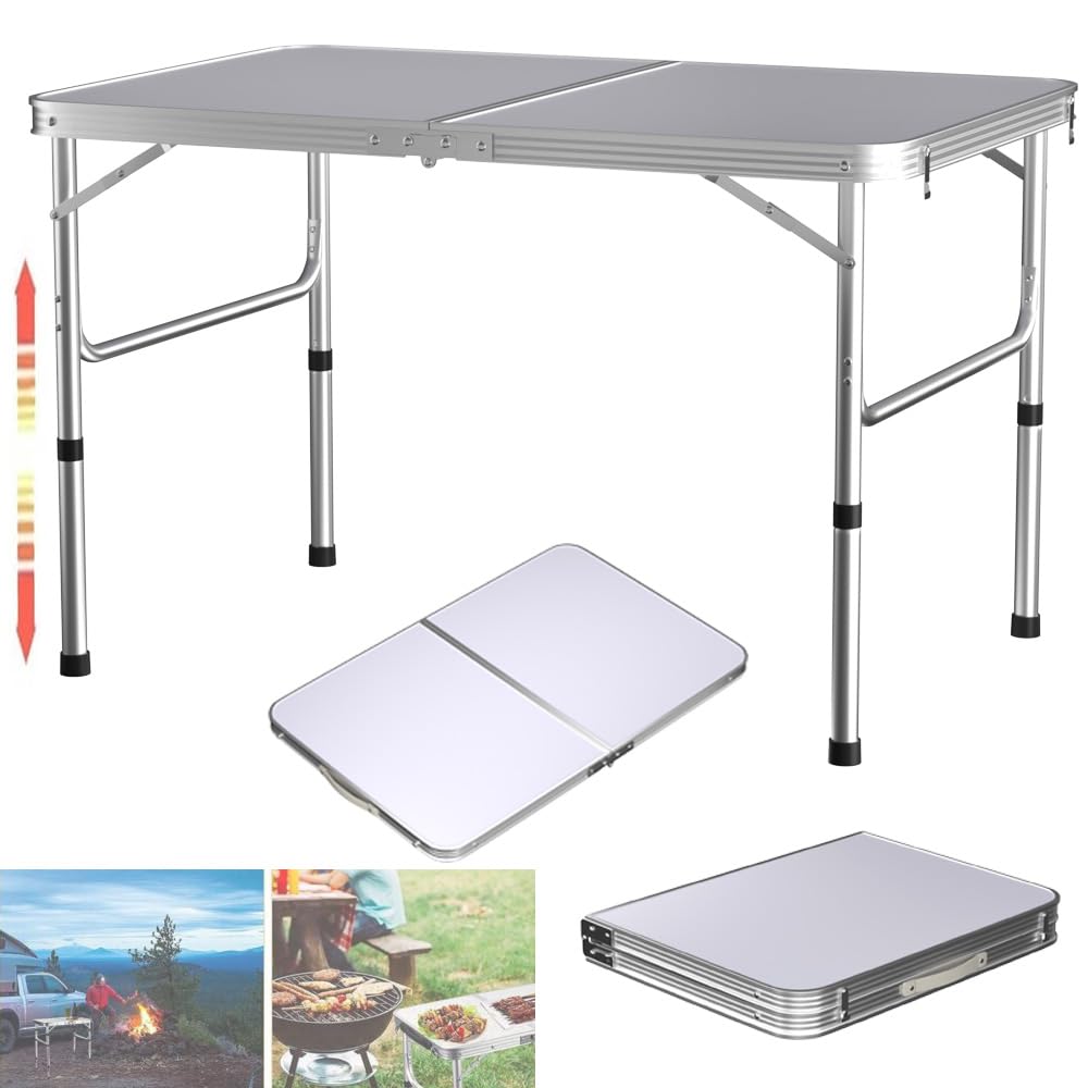 AUTOFU Aluminium Folding Table Portable Lightweight Camping Table Extra Strength Trestle Table for Indoor Outdoor, White - 90 x 60 x 37/67cm Picnic Table