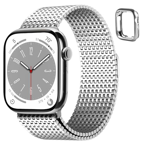 Fullmosa Compatible with Apple Watch Bands 41mm 40mm 38mm for Women Men, Stainless Steel Mesh Loop Magnetic Clasp iWatch Band with TPU Case for Apple Watch Series 9 8 7 6 5 4 3 2 1 SE3/2/1, Silver