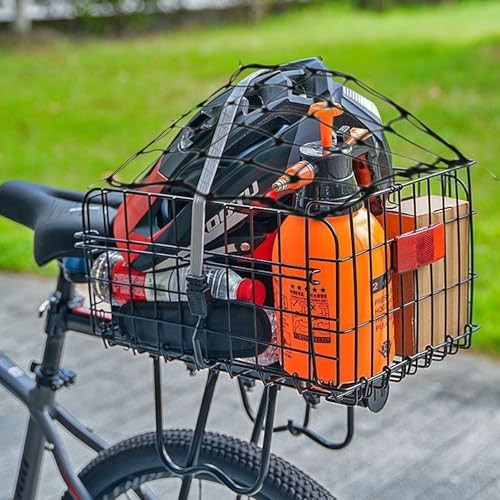 W&H Fahrradkorb Hinten Faltbar, Fahrrad Korb Metall Groß Klappbarer, FahrradKorb Gepäckträger Hinten mit Montagezubehör Gepäcknetz und Reflektor, Fahrradkorb für Kleiner Hund,Einkaufen,Picknick