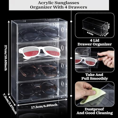 Image of 2 Pieces Acrylic Sunglass Organizer Clear Sunglass Holder with 4 Drawers Glasses Organizer for Women Clear Eyeglass Holder Eyewear Display Case Multiple Pair for Glasses Jewelry Watch Storage