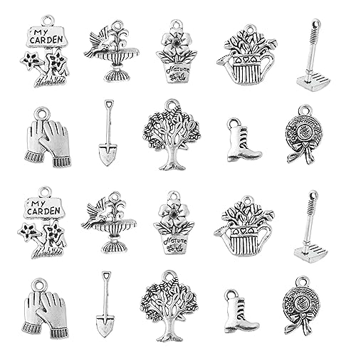 KitBeads Tibetan Garden Theme Charms - 100pcs Antique Silver Glove Boot Tree Potted Plant Gardener Alloy Charms for Jewelry Making