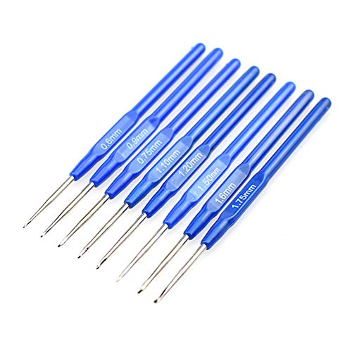 Katech 8 Pieces of Crochet Hooks DIY Yarn Weave Tools Stainless Steel Knitting Needles Kits Crochets Set with Ergonomic Blue Handle Marked Different Sizes (0.6-1.75mm) for Fine Work, Lace Knitting