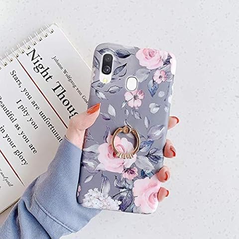 Herbests Kompatibel mit Samsung Galaxy A40 Hülle mit Ring Halter Ständer Handyhülle Blumen Blätter Muster Weiche Silikon Case Stoßfest TPU Handyhülle Crystal Case Ultradünn Hülle Cover