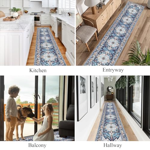 Alfombra de pasillo bohemia de 2x12 pies azul lavable para cocina 5