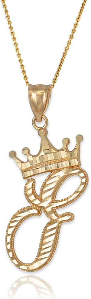 10K Yellow Gold Sparkle-Cut Royal Crown Cursive Monogram Letter Initial A-Z Alphabet Pendant Necklace - Choice of Initial Letter and Rolo Chain 16"-22" Length