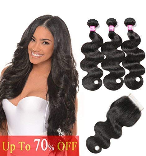 BILSTAL Brazilian Virgin Hair Body Wave Human Hair 3 Bundles with 4×4 Lace Closure 100% Unprocessed Hair Extensions Natural Color (12 14 16 with 10 Free Part)