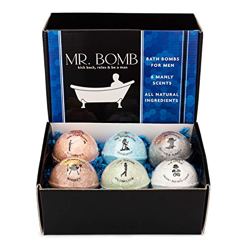 Mr. Bomb - Lush Bath Bombs for Men Gift Set for Soothing Well Deserved Bath Relaxation, 6 Tennis Ball Size (5oz) of Our Most Popular Masculine Bath Bombs for Muscles and Joints (Bath Bomb Gift Box)