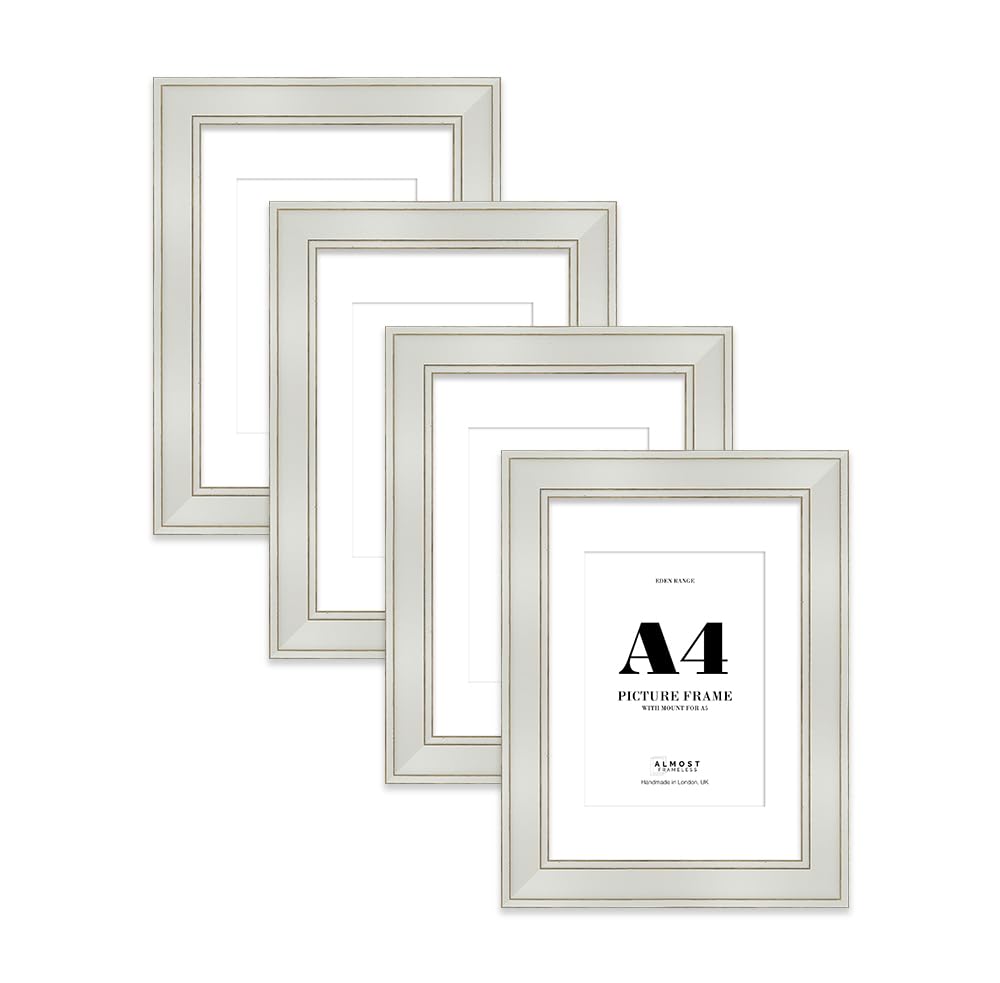 A4 Light Grey Picture Frame with A5 Mount - Shabby Chic Photo Frame with Distressed Finish, Gold Trim, Wall Hooks and Kickstand, 37mm Edge - 4 Pack