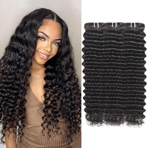 12A Deep Wave Human Hair Bundles 14 16 18 Inch Curly Bundles Human Hair 100% Unprocessed 3 Bundle Brazilian Virgin Human Hair Extensions Quick Weave Natural Black Color