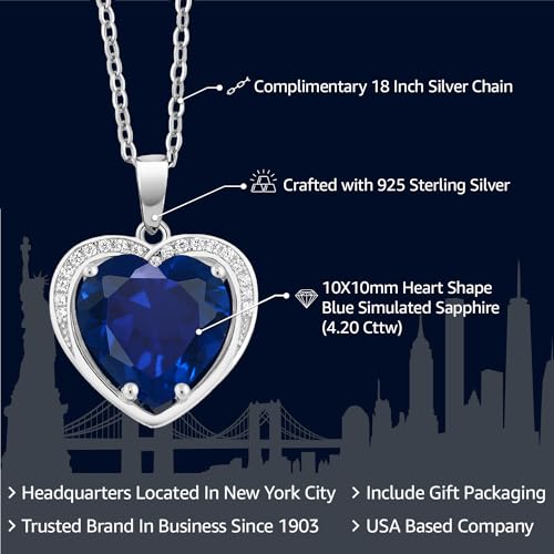 Gem Stone King 925 Sterling Silver Simulated Sapphire Necklace | 4.20 Cttw | Heart Pendant Necklace For Women | Heart Shape 10MM | With 18 Inch Silver Chain2