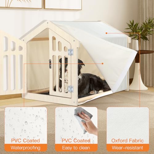 Dog House Indoor for Small Dogs & Medium Dogs 30”Lx21”Wx24”H, Wooden Board & Oxford Fabric & Felt Mat, Lockable Door, Easy Assembly, Wooden Color - Image 5