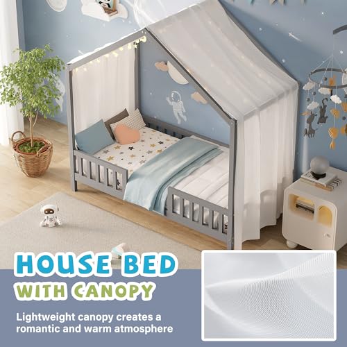 Image of Twin Size Wood House-Shape Platform Bed with Roof Frame and Canopy, Montessori Floor Bed with High Railings and Slat Support for Kids Girls Boys, No Box Spring Needed (Grey-05, Twin)