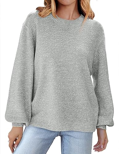 MEROKEETY Sweaters for Women Fall Winter 2026 Oversized Pullover Spring Crew Neck Long Sleeve Heathered Knit Tops Grey Medium