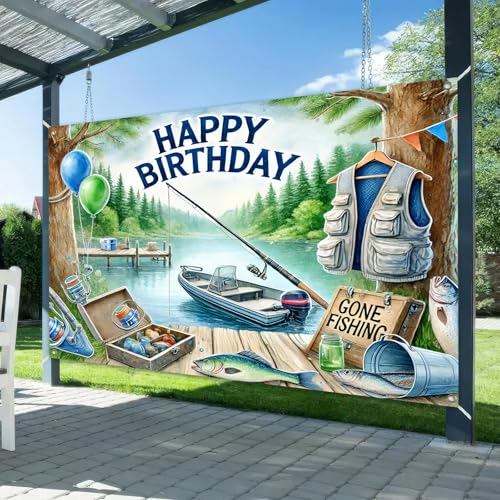 Image of BlissYard Fishing Happy Birthday Banner 71x43 Inch Lake Boat Theme Backdrop Gone Fishing Birthday Banner for Men Boys Outdoor Party Wall Decor Photo Background Cabin Rustic Celebration Supplies