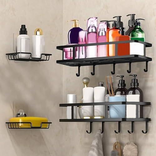 Lista de Estantes para ducha comprados en linea. 47 ANNA TOSANI Estante de Ducha sin Taladro 4 Piezas, Organizador de Baño de Metal con 10 Ganchos, Auto-Adhesivo Estanteria de Regadera para Baño, Estante de Almacenamiento para...