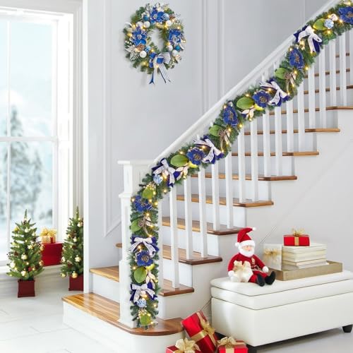 GarveeHome 6ft Christmas Garland with Lights for Mantle, Prelit Outdoor Xmas Garland with 20 LED Lights Timer Blue Ball Ornaments, Battery Operated, for Fireplace Stair Railing Indoor Holiday Decor