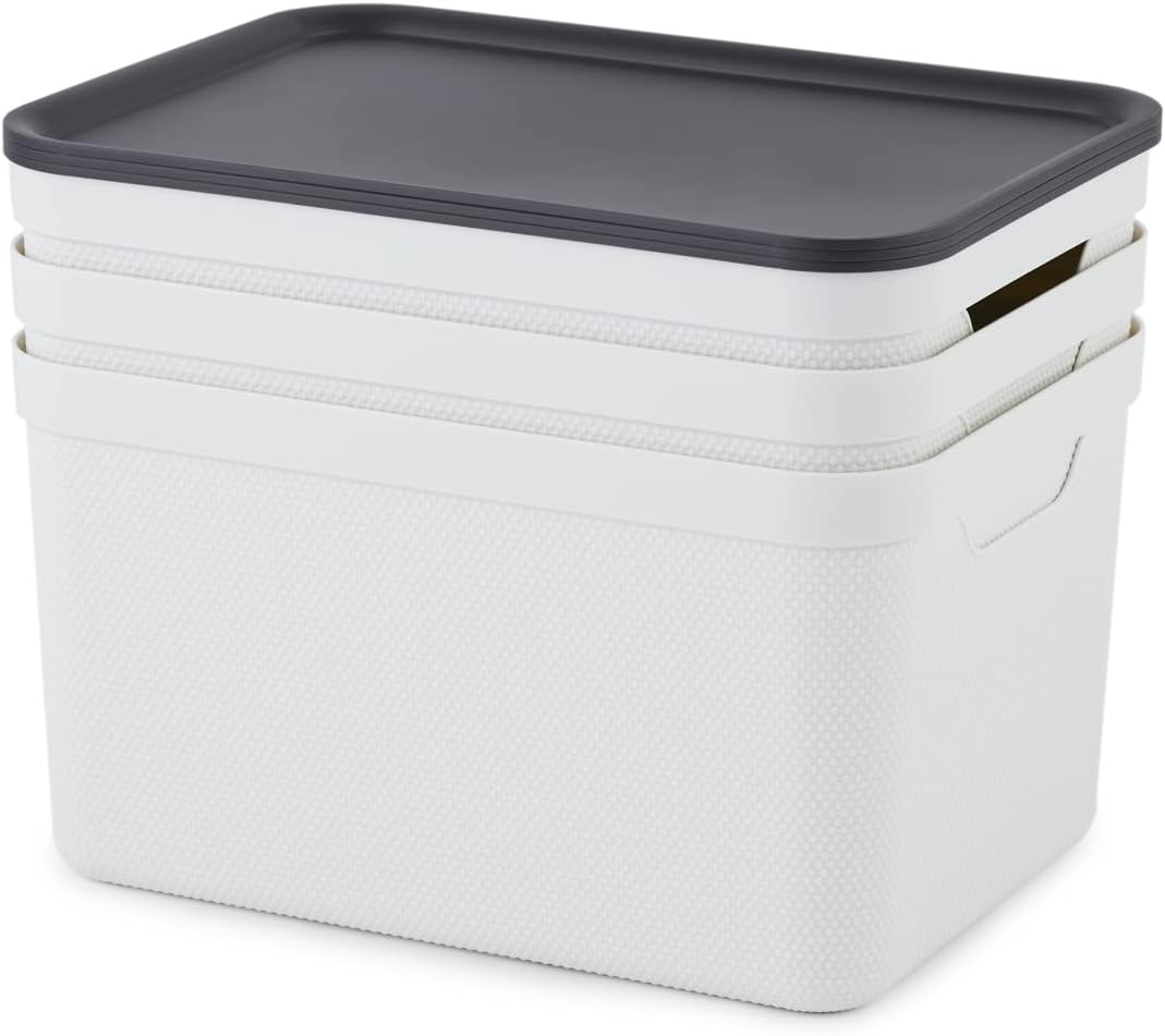 Jive Dekobox - Juego de 3 cajas de almacenamiento de 16 l con tapa, plástico (PP reciclado), color blanco/antracita, 3 x 16 l, (37,5 x 27,8 x 29,8 cm)