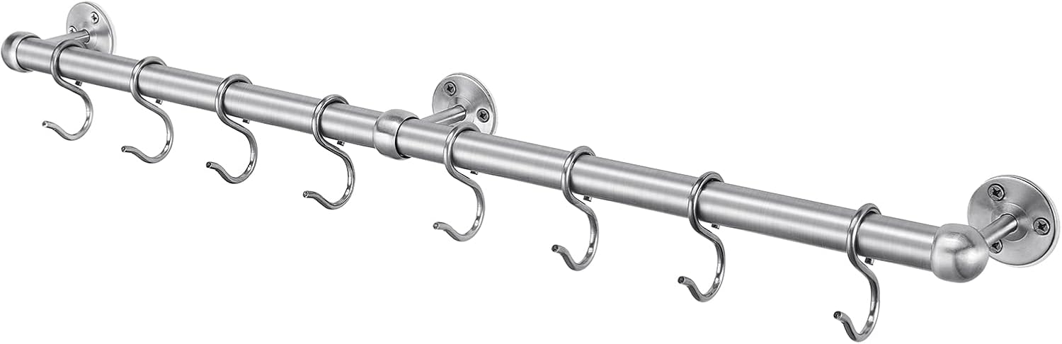 ROTHLEY Stainless Steel Hanging Pot Rack Hanger: 23.7 Inch Pot and Pan Hanger Wall Mounted Hanging Pot Bar Rack Heavy Duty Pot Hangers Kitchen Rail with 8 S Hooks (Brushed) 23.7 inch Brushed