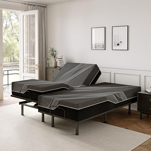 Image of Dyonery Split King Adjustable Bed Frame + 14 Inch Gel Memory Foam Mattress | Wireless Remote, Head and Foot Incline, Zero Gravity, Gel-Infused Foam, Fiberglass Free Mattress, Tools-Free Assembly