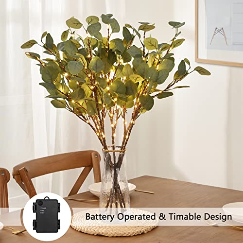 Bleum Cade 6Pcs 27" Tall Artificial Eucalyptus Stems With Lights, Faux Eucalyptus Greenery Stems With Leaves, Fake Silver Dollar Eucalyptus Plant For Vase Flower Arrangement Room Decor #TOP2
