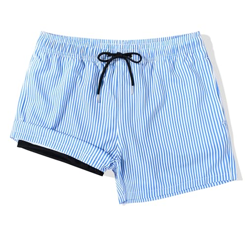 MADHERO Mens Swim Trunks with Compression Liner 2 in 1 Quick Dry Swimming Shorts Swimwear Light Blue Stripe Size S