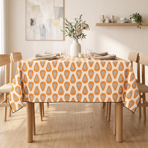 Image of R home Papaya Print Table Cover | 100% Cotton | 140 x 140 cm (56 x 56 Inch) | Decorative Table Cover with Peko Border | Ideal for Square Centre Tables, Dining, Picnics & Everyday Use