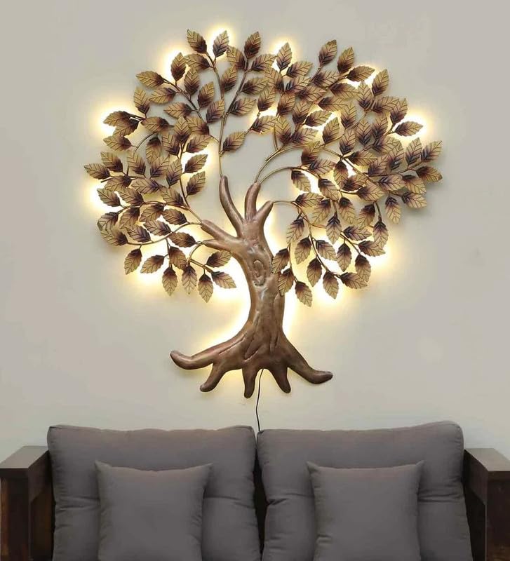 Image of Bharat Art Metal Big Tree Wall Art with LED Light Handcrafted Iron Wall Hanging for Living Room Bedroom Hall Office Entrance | Zora Tree B Golden 45 x 2 x 45 Inch | WD111 (B)