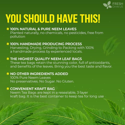Image of FreshDrinkUS, Premium 33 Neem Leaf Tea Bags, 100% Natural and Pure from Neem Leaves. Herbal Tea. No Sugar, No Caffeine, No Gluten, Vegan.