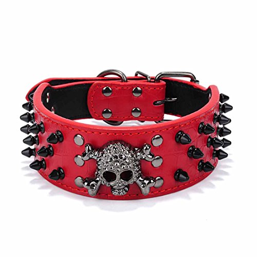 Hundehalsband Leder Retriever-Halsband Totenkopf Hundehalsung mit Nieten Hundehalskette Gotisch Zughalsband Martingal Choke Hundeband für Kleine Mittlere Grosse Hunde (L, Rot) Cover