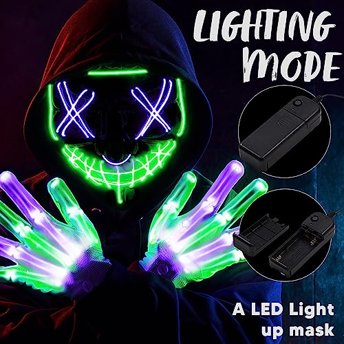Image of JOYIN Halloween Led Mask, Light Up Mask and Gloves for Cosplay Costume (Green & Purple), 3 Modes Scary Glow in The Dark Masks for Boys Girls Halloween Party Dress Up Accessories, Gifts Giving
