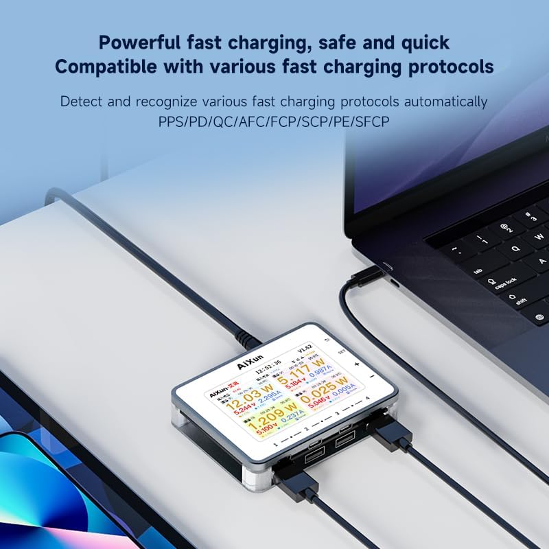 AiXun PF26 charger connected to multiple devices, displaying real-time charging data on its screen