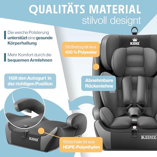 KIDIZ® Asiento infantil para coche con Isofix grupo 1+2+3, 9-36 kg, cinturón de seguridad de 5 puntos, asiento para niños, reposacabezas ajustable, elevador de asiento de 1 a 12 años, estable y seguro - imagen 9