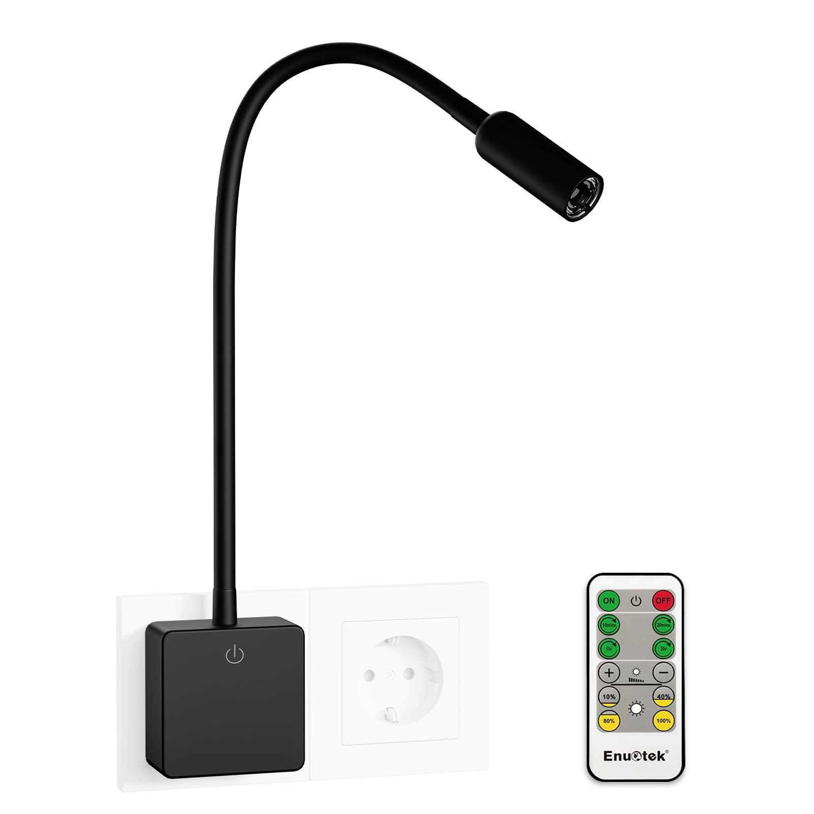 ENUOTEK Lampara Aplique Pared de Lectura Foco LED Regulable, Luz Mesita de Noche Dormitorio LED con Enchufe, Interruptor Tactil y Control Remoto, 3W Luz Neutra 4000K, 1X Lampara y 1X Control Remoto