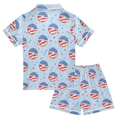 Flag Donut Pattern Summer Satin Pajama Set, Cute Button-Down Sleepwear Pj Set for Sleep Wears2