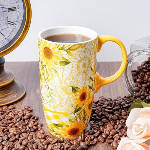 Topadorn Taza de viaje de cerámica con tapa y asa, taza de café de cerámica, taza de té de cerámica con leche en caja de color, 17 onzas, tapa resistente a salpicaduras, vaso para portavasos de coche,