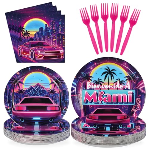 Greencian 96Pcs Bienvenido a Miami Party Decorations Retro Summer Disco Plates and Napkins Tropical Neon Tableware Set for Miami Birthday Summer Beach Disco Style Pool Party Supplies, Serves 24