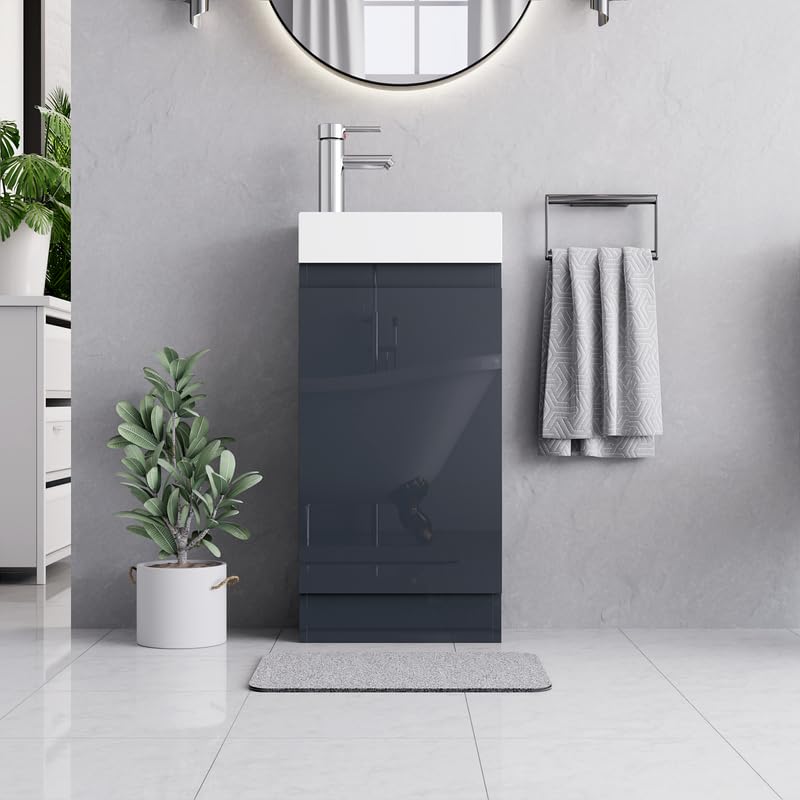 BELOFAY Denvor Grey 400mm Floor Standing Bathroom Vanity Unit With Basin - Laquered Cloakroom Vanity Unit with 1 Tap Hole Ceramic Basin and Soft Close Hinges with WASTE INCLUDED — image 1