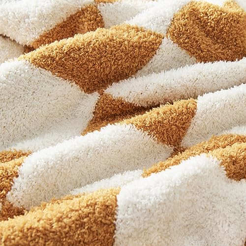 Image of CozeCube Orange White Reversible Checkered Knit Throw Blanket 60 inchx80 inch