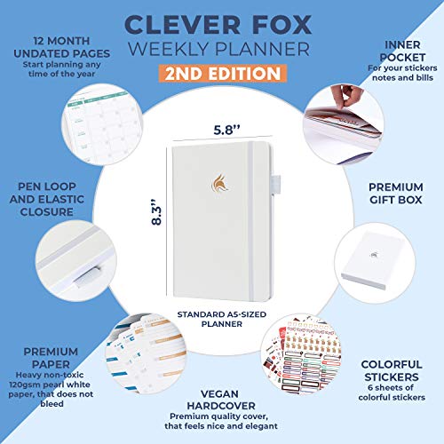 Clever Fox Planner 2Nd Edition – Colorful Weekly & Monthly Goal Setting Planner, Habit Trackers, Time Management And Productivity Organizer, Gratitude Journal, Undated, A5, Lasts 1 Year – White #TOP1