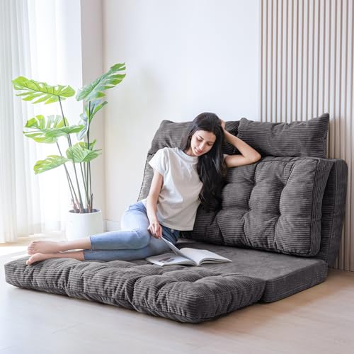 Image of MAXYOYO Folding Sofa Bed, Tufted Bean Bag Bed with Pillows Floor Couch for Adults, Extra Thick and Long Floor Sofa, Full Couch for Bedroom Living Room, Dark Grey, 54x91 Inch